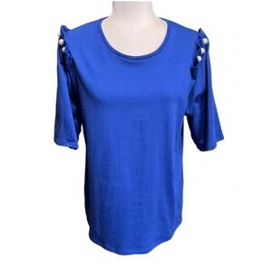 Chicos Cobalt Blue Cotton Top/ Flared Short Sleeve, Pearl Accents, Soft‎ Sz 3/XL